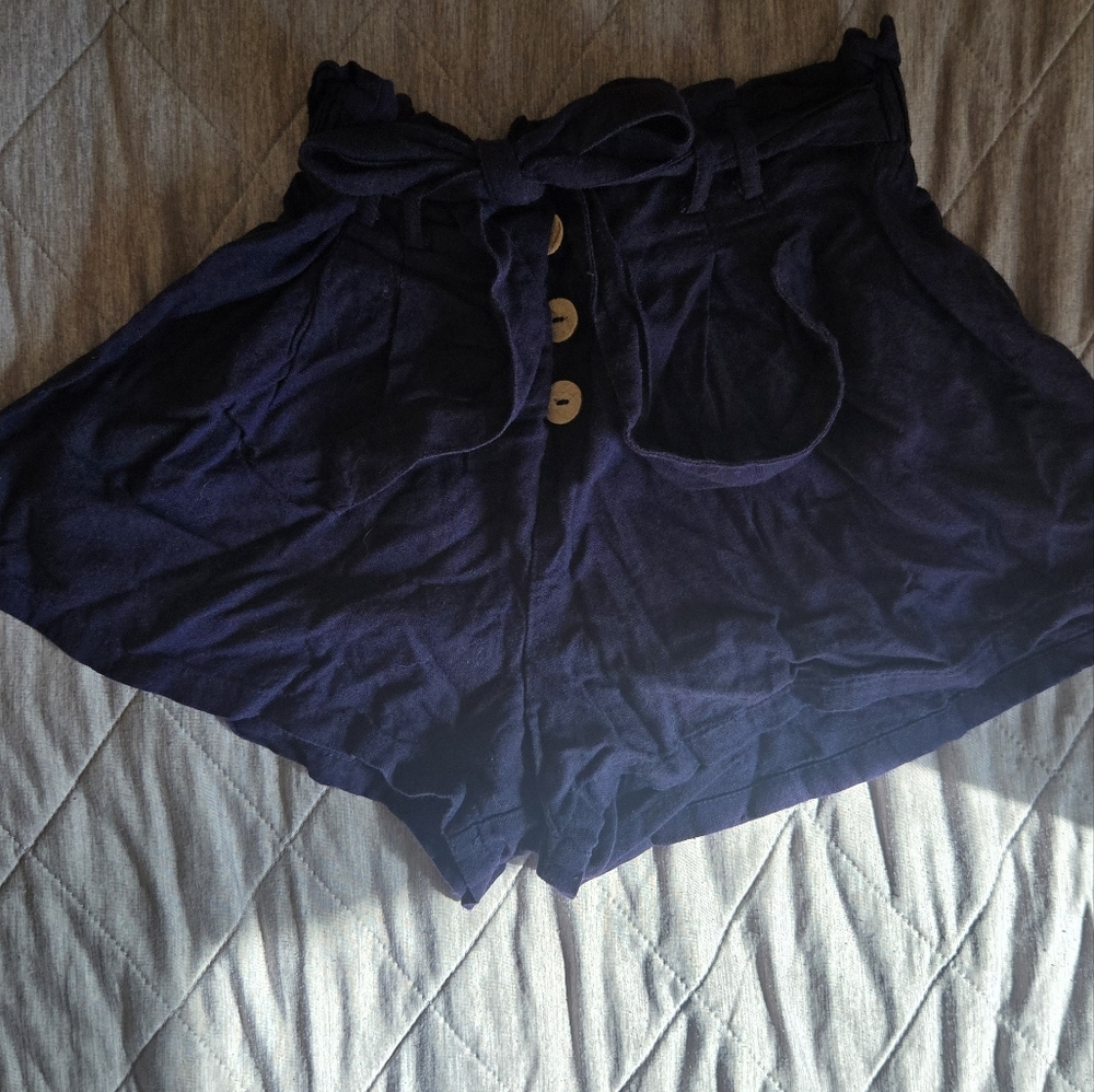 Navy Blue High-Waisted Shorts with Button Detail